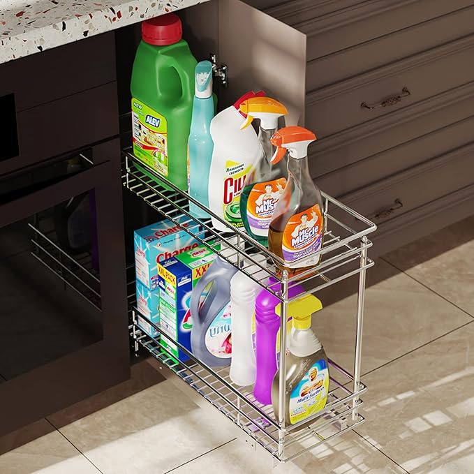 LOVMOR Pull Out Cabinet Organizer and Storage (5" W x 21" D) 2-Tier Pull Out Shelf Storage for Kitchen Base Cabinet Silver(5" W x 21" D, Silver, Roll on Top)
