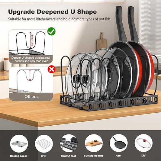 Pot and Pan Organizer Rack for Cabinet, Pot Lid Organizer with 7 Adjustable Dividers, Pan Holder Storage Rack for Kitchen Cabinet, Black