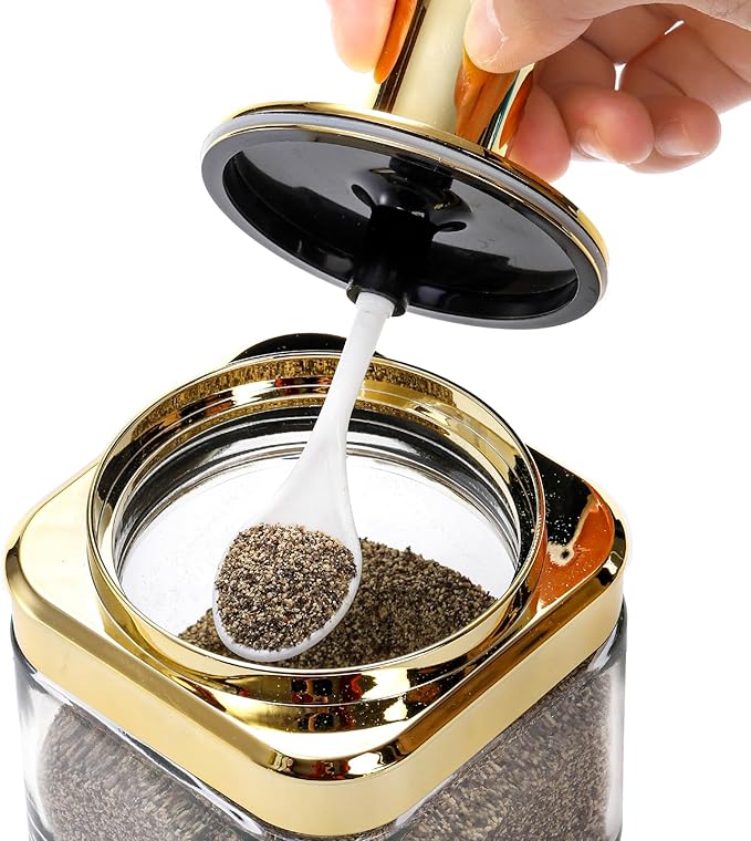2 Pack Glass Condiment Pot, 12 Ounce Gold Spice Jars with Spoon, Seasoning Box Set Salt Container, Sugar Dispense, Kitchen Containers for Flour and Sugar