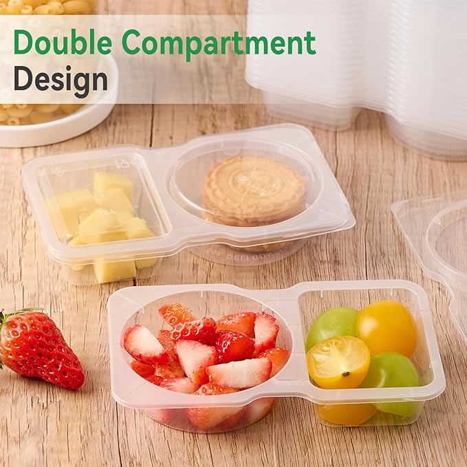 10 Pack Small Snack Pack Containers, 4.5 oz Reusable Plastic Double Compartment Condiment Containers with Lids for Dipping Sauce, Travel Snacks, Meal Prep