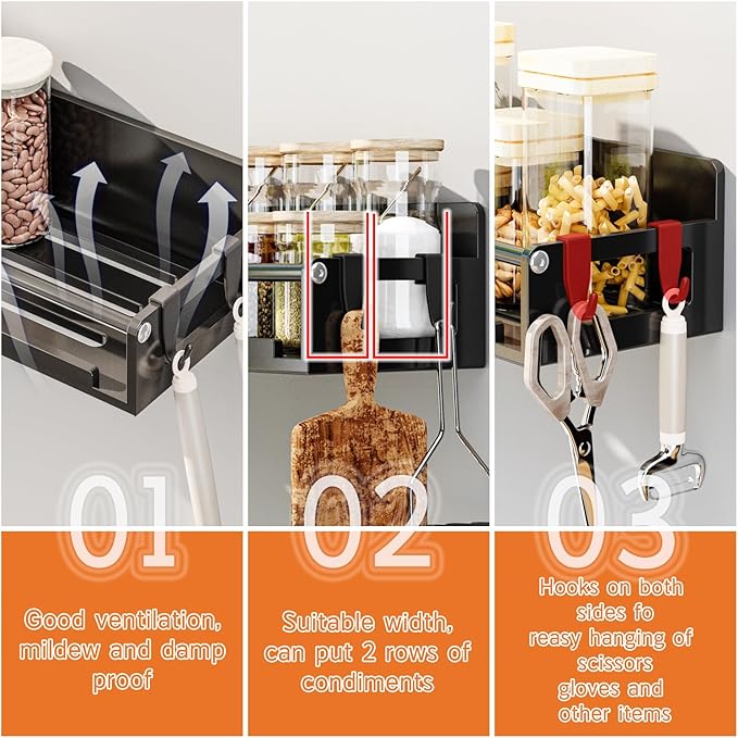 7 Pack Magnetic Spice Storage Rack Organizer for Refrigerator and Oven, Black Fridge Organizers and Storage, Paper towel holder, Punch and no-punch dual purpose