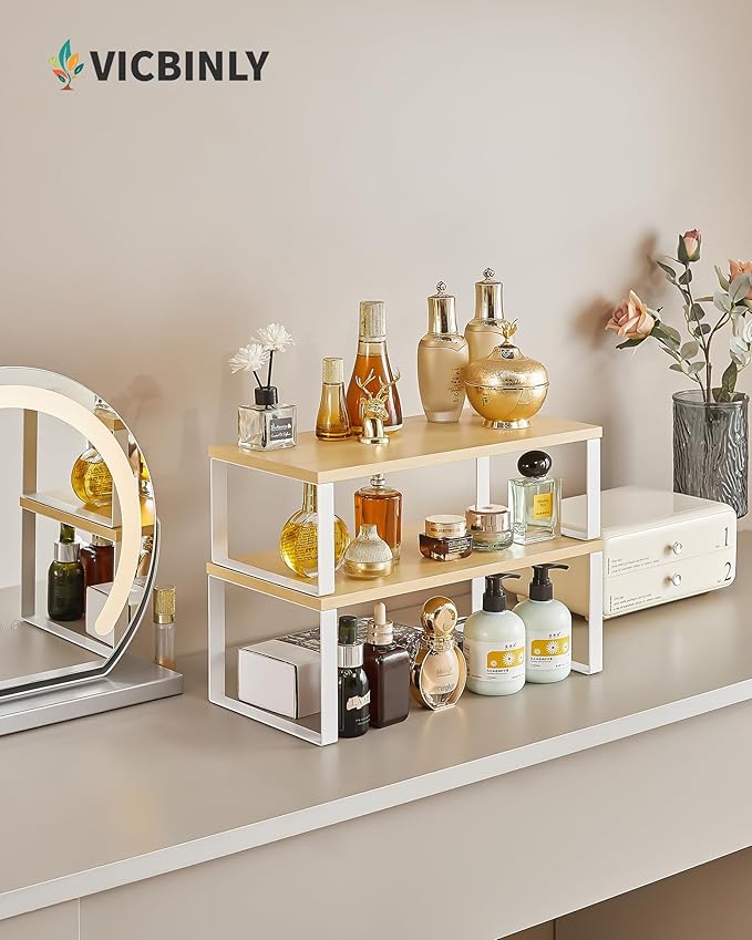Stackable Kitchen Spice Rack Organizer, Kitchen Counter Shelves for Spices, Utensils, Pantry Storage, Space-Saving for Cabinets, Countertops, White and Natural Beige, TJ39WN02