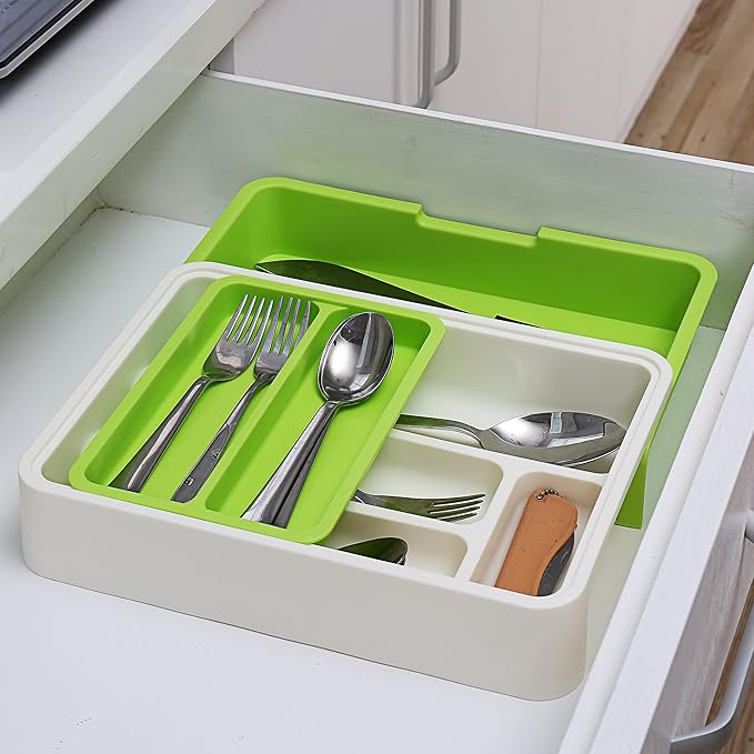 HornTide 3-in-1 Cutlery Tray Expandable Utensils Holder Plastic Kitchen Drawer Organizer for Silverware Storage and More - Green