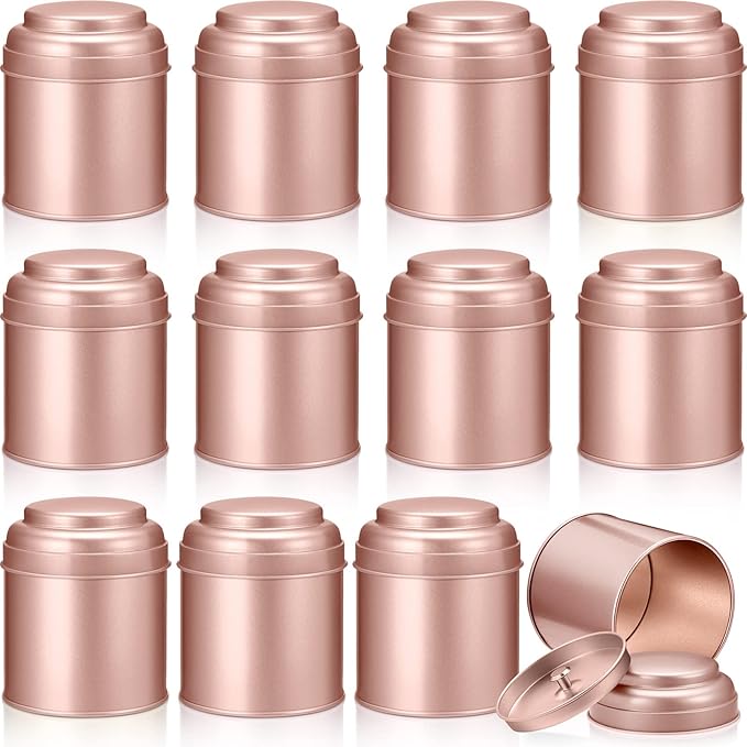 12 Pcs Tea Tin Canister with Airtight Double Lids 8 oz Round Tin Can Box Small Kitchen Tea Canister Loose Leaf Storage Containers for Loose Bags Coffee Sugar Candy Spices(Rose Gold)