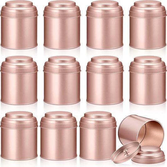 12 Pcs Tea Tin Canister with Airtight Double Lids 8 oz Round Tin Can Box Small Kitchen Tea Canister Loose Leaf Storage Containers for Loose Bags Coffee Sugar Candy Spices(Rose Gold)