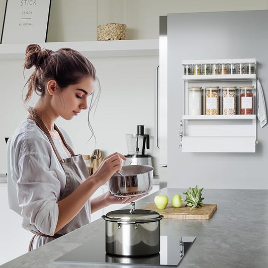 Magnetic Spice Rack Organizer Single Tier Refrigerator Spice Storage Shelf, Easy to Install The Side of The Refrigerator Can Hold spices, Jar of Olive Oil (White L)