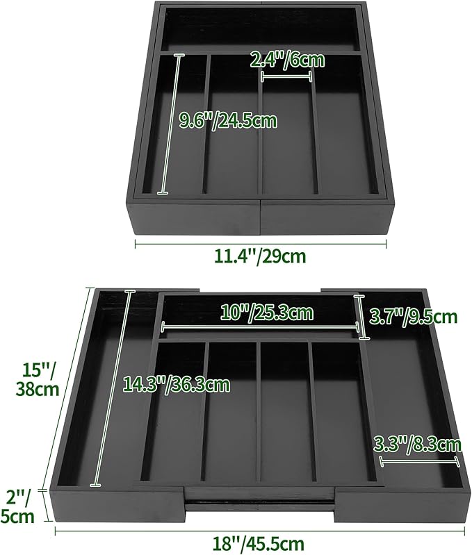 VaeFae Bamboo Drawer Organizer, Expandable Silverware Drawer Organizer, Cutlery Tray with Dividers for Kitchen Utensils (Black, Medium)