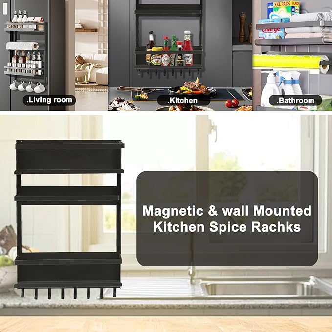 Magnetic Spice Rack For Refrigeratorwith 8-Hook，Magnetic Paper Towel Holder ，with Strong Adhesion, Rust-Proof & Space-Saving Design for Kitchen, Bathroom