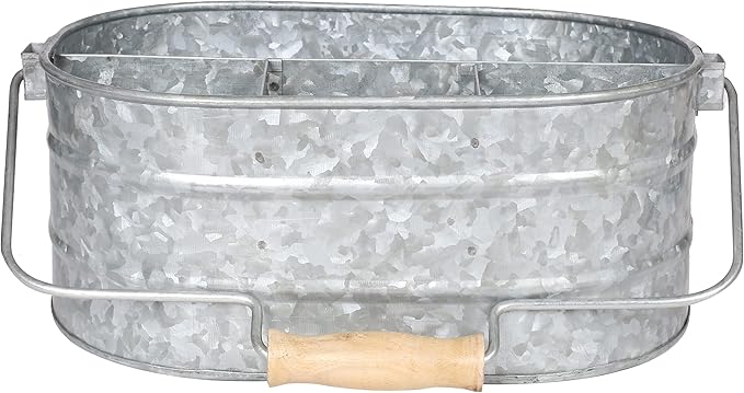 Galvanized Metal Caddy with 4 Compartments, Rustic Farmhouse Kitchen Picnic Utensil Holder, Multipurpose Storage Bin, Metal Garden Planters - 12 Inch - Antique Natural