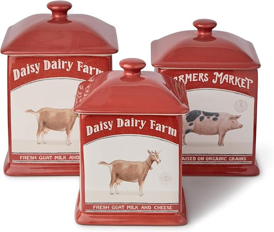 Vintage Farm Square Canister Set, 3-Piece, Includes 52 oz, 72 oz & 90 oz Sizes, Farmers Market Design with Farm Animals, Durable Ceramic, Rustic Farmhouse Kitchen Storage for Coffee, Sugar & Flour