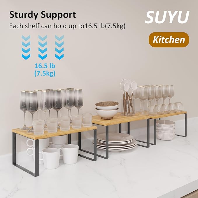 SUYU Kitchen Cabinet Organizer Shelf,Bamboo Spice Rack Set of 2,Space-Saving Countertop Organizer for Kitchen, Office, or Closet, Stackable and Nesting Shelves,Black and Natural SCW201H