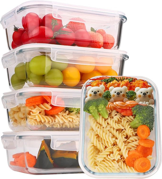 5-Pack Glass Storage Containers with Lids,35 Oz Meal Prep Containers Reusable,Airtight Glass Lunch Containers,for Microwave, Freezer and Dishwasher,White Leak Proof Locking Lids