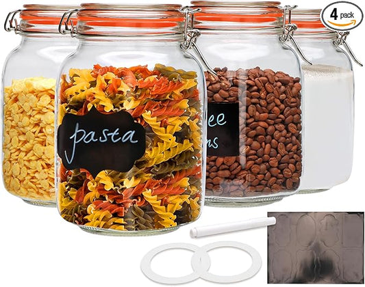 Encheng 50oz Glass Jars with Clamp Lids,Set of 4,1500ml Square Wide Mouth Mason Jars with Airtight Lids,Large Glass Storage Container with Clip Lids for Kitchen,Flour,Pasta,Beans