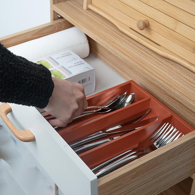 Silverware Organizer Bamboo Kitchen Drawer Organizer, Flatware Organizer Tray for Kitchen, Flatware, Utensils（Orange）