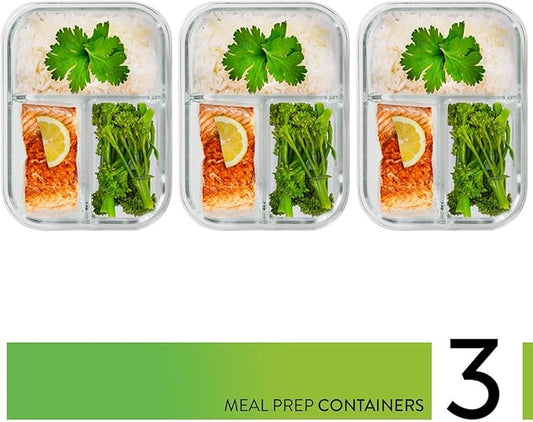 PrepNaturals 3 Pack 34 Oz Glass Meal Prep Containers - Dishwasher Microwave Freezer Oven Safe - Glass Storage Containers with Lids (Multi-Compartment)