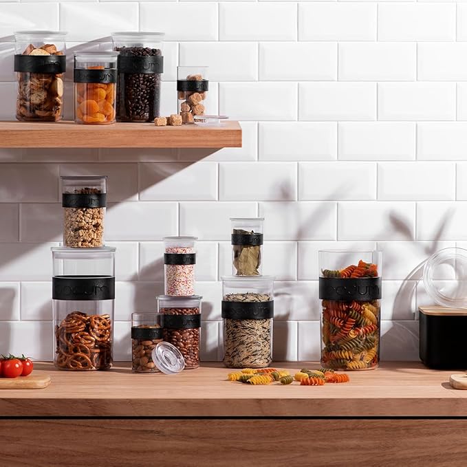 Bodum Presso Storage Container Jars for Food, Pasta, Cereal, Flour, Coffee, Snacks, and More, BPA-Free Plastic w/Airtight Silicone Seal, 12pc Set - Black