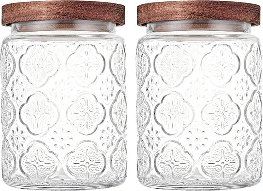 Glass Storage Jars With Airtight Lid, 23.7oz Container For Kitchen Counter with Wooden Lid, brown sugar, candy, coffee, cookie, salt, tea, cute Jar (Begonia Flowers*2)