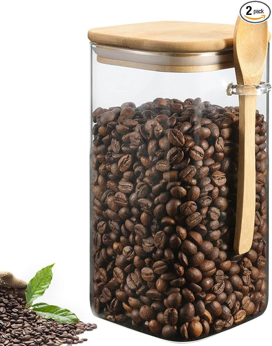 Glass Square Storage Jar with Bamboo Lids Spoons Glass Coffee Canister 40 Oz (1200 mL) Borosilicate Glass Food Container for Coffee Beans Nut Pasta Sugar Candy Spice Rice Loose Tea