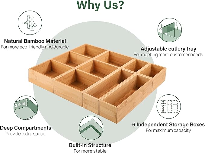 Kootek 6 Pcs Bamboo Drawer Organizer, Kitchen Utensils Storage Boxes 3-Size with Removable Dividers Multi-Use for Gadget, Makeup, Bathroom, Office
