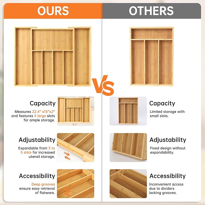Expandable Bamboo Drawer Organizer for Utensils Holder, Drawer Dividers Organizer for Silverware, Flatware, Knives in Kitchen, Bedroom, Living Room as Housewarmings, Wedding, Bridal Shower Gifts