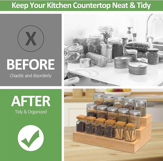 2 Pack Bamboo Spice Rack Organizer for Kitchen Counter, 3 Tier Spice Shelf Holder for Cabinet (Jars Not Included)