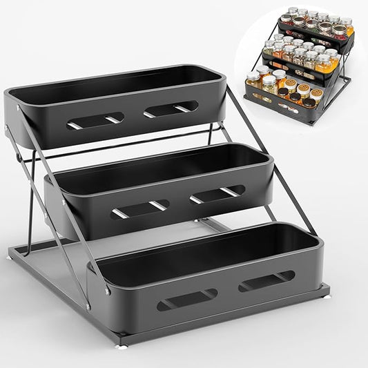Airpro Spice Rack, 3 Tier Spice Rack Organizer for Cabinet, Seasoning Organizer for Countertop, Kitchen, Pantry, Cupboard, Sturdy Spice Organizer with Protection Railing, No Installation, Black