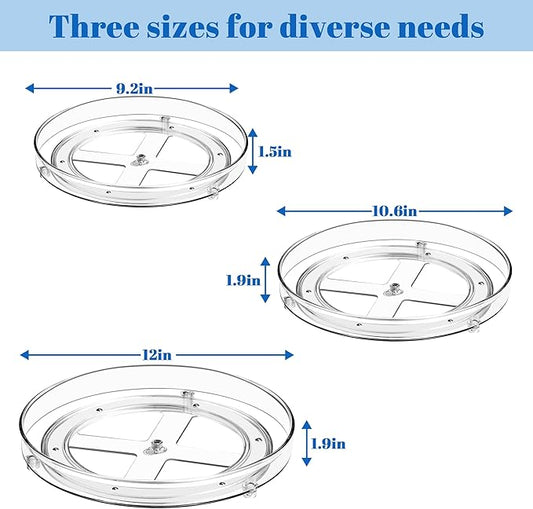 3 Pack Clear Acrylic Lazy Susan, 9.25"+10.6"＋12" Rotating Turntable Organizer, Round Plastic Spice Rack for Cabinet, Kitchen, Pantry, Refrigerator, Vanity Bathroom Countertop Storage