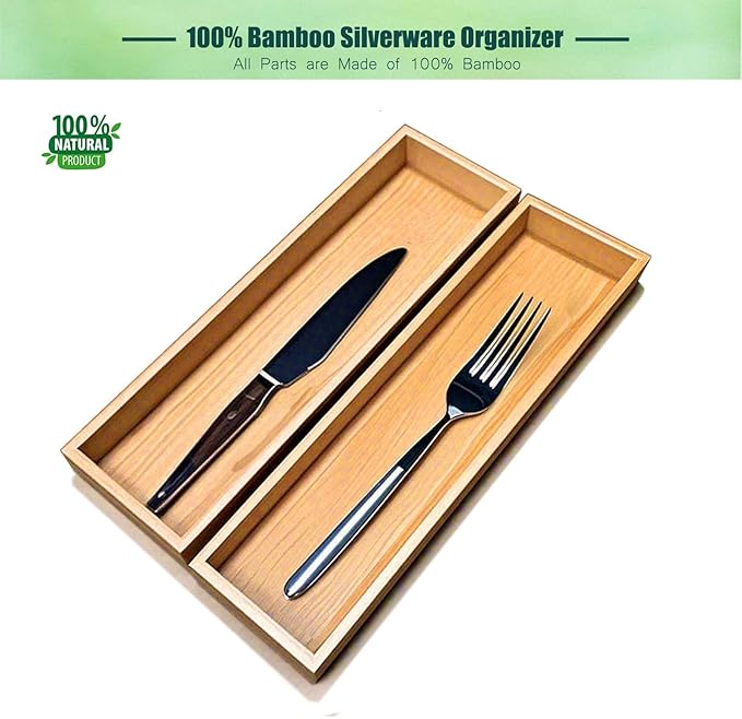 Silverware Drawer Organizer, Utensil Organizer, Bamboo Storage Box Wood Tray for Drawer Set of 2
