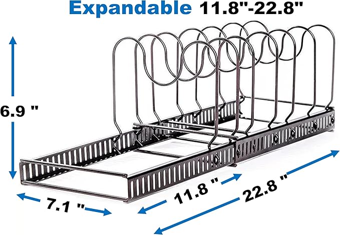 Pot and Pan organizer:Dipped Pan Organizer Rack for Kitchen Cabinet Organizers and Storage with 12 Adjustable Dividers and Anti-scratch Strip,Expandable Pans and Pots Lid Organizer Rack for Cabinet