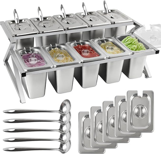 Lanstics 10 Pans Spice Rack Shelf 2 Row Adjustable Stainless Steel Spice Organizer Stand with Spoons Countertop Inclined Holder Buffet Containers Set for Sauce Jam Ingredient Kitchen Restaurant Pantry
