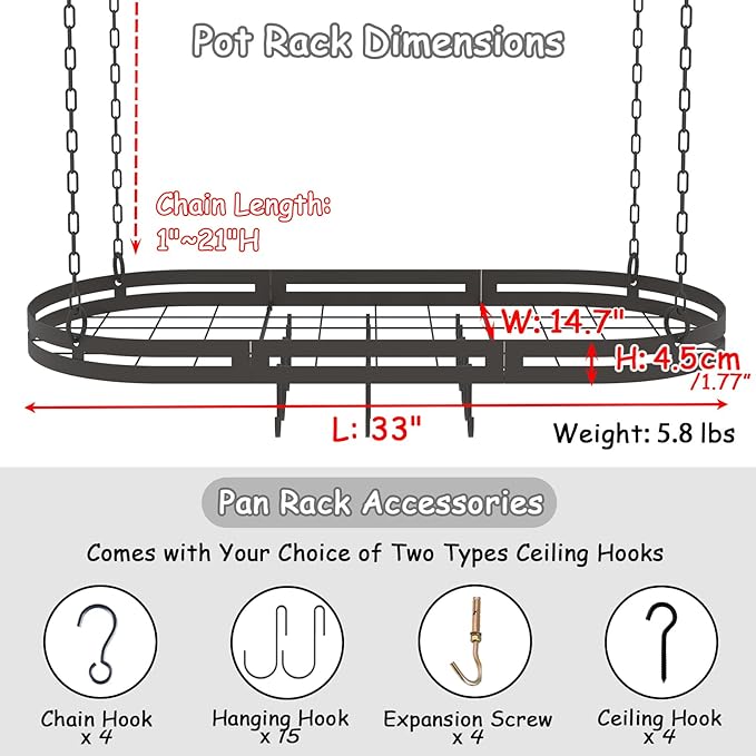 33” Hanging Pot Rack Ceiling Mount, Black Metal Pan Rack Hanging with 15 Hooks, Oval Pots and Pans Hanging Rack, Ceiling Hanging Pot Racks with Grid, Pan and Pot hangers for Kitchen Cookware Utensils