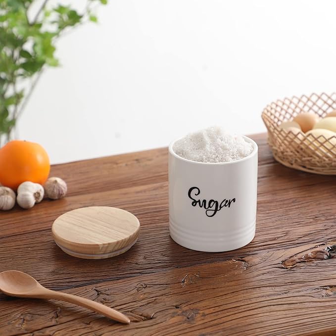 LEETOYI Porcelain Food Storage Containers with Lid, 4.5 Inch 31oz White, Labeled Sugar