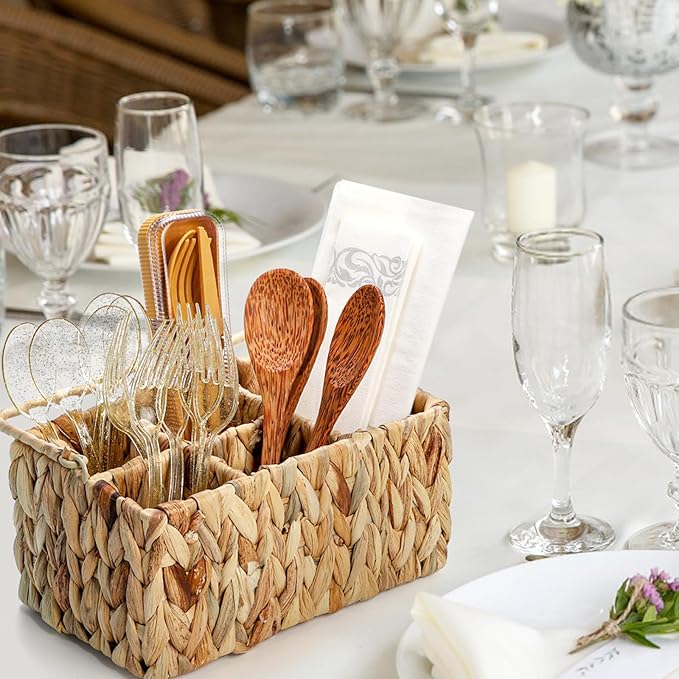 Wicker Flatware Organizer, Woven Divided Utensil Caddy, Water Hyacinth Cutlery Holder, Picnic Silverware Flatware Storage Basket Carrier with Handle for Countertop, Forks, Knives, Spoons