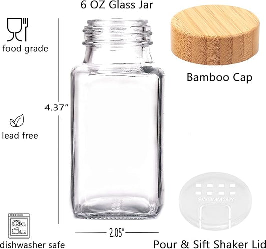 SWOMMOLY 24 Glass Spice Jars with 366 Labels, 6 oz Spice Jars with Bamboo Lids, Empty Bottles with Shaker Lids, Spice Containers with White Spice Labels,Chalk Marker, Funnel.