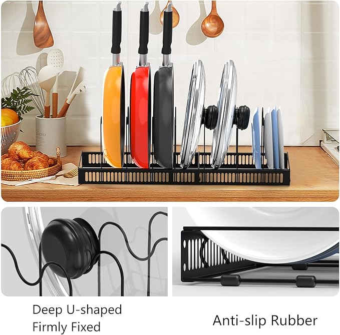 Pot Rack Expandable Pan Organizer for Cabinet, Lid Holder with 10 Adjustable Compartment for Kitchen Cabinet Cookware Baking Frying Rack