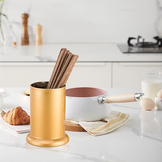 Kitchen Utensil Holder, Gold Stainless Steel Silverware Drainer Basket Cylinder Flatware Draining Organizer Drying Rack Straw Holder Silverware Caddy Organizer for Forks, Knives, Spoons, Chopsticks