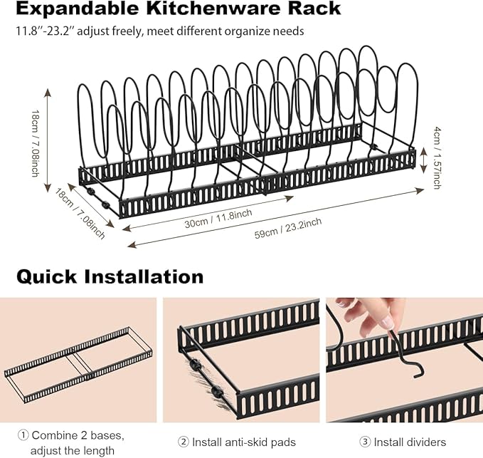 Pot and Pan Organizer Rack for Cabinet, Expandable Pot Lid Organizer Holder with 14 Adjustable Dividers, Fully Expanded Size 22.83" W x 7.09" D x 7.09" H, Black