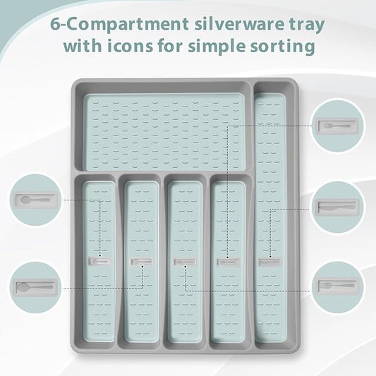 Silverware Organizer with Cutlery Icons，Silverware Tray for Kitchen Drawer，Plastic Flatware Tableware Cultery Drawer Organizer Utensil Organizer with Non-slip TPR Linings，6-Compartment