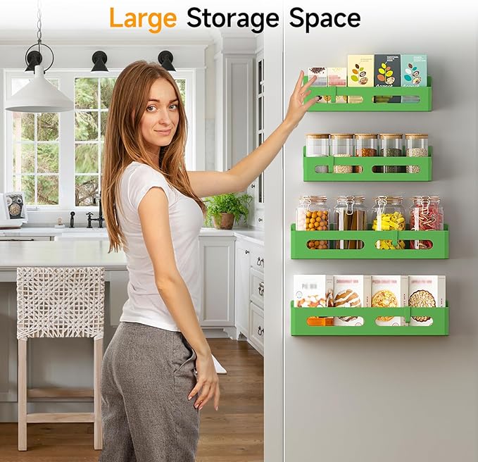 4 Pack Magnetic Spice Rack for Refrigerator, Spice Rack Organizer, Moveable Magnetic Shelf Fridge Organizer with 4 Hooks for Kitchen and Oven Organization, Green