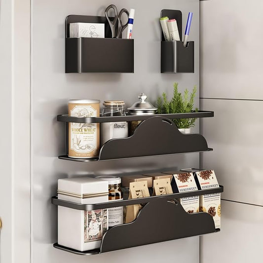 VOLPONE Magnetic Spice Rack for Refrigerator Heavy Duty Magnetic Shelf for Fridge with Pen Holder Rust-proof Seasoning Rack Magnet Oven Organizer Storage Metal (4 Pack, Black)