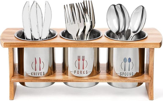 Lyellfe Silverware Holder for Countertop, Stainless Steel Cutlery Utensil Organizer with Bamboo Stand, Rustic Flatware Holder for Spoon, Fork, and Knife
