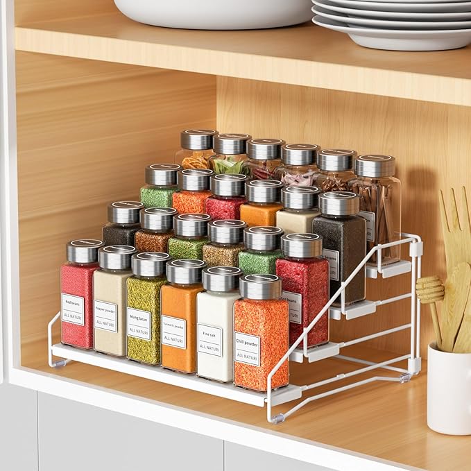 RCHYFEED Spice Rack Organizer for Cabinet, 4 Tier Spice Organization for Cabinet Adjustable Step Storage,Tierd Spice Rack Seasoning Organizer for Kitchen Countertop Pantry, Metal(1 Pack)