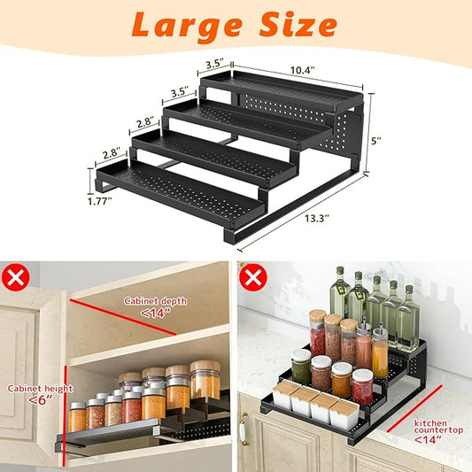 4-Tier Spice Rack Organizer Spice Shelf, Sturdy Seasoning Organizer Spice Storage Metal Riser Shelf, Pantry Kitchen Spice Holder Stand Step Rack Easy See all Canned Spice Jars, Black