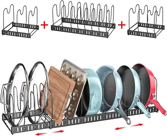 X-cosrack 15 Adjustable Dividers Pot and Pan Organizer Rack, 7"D x 32"W x 7.1"H, 3 in 1, Expandable Lid Bakeware Cupboard Rack Holder for Kitchen Cabinet Pantry Countertop, Black (Patent Pending)