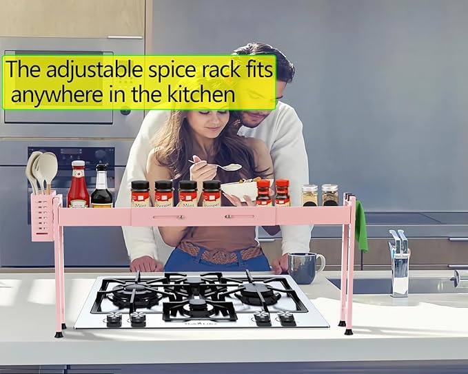 Over Stove Shelf Stove Top Organizer Shelf for Kitchen with Extra Basket and Hooks Adjustable 27 to 32 Inches Pink Over the Sink Spice Rack for Countertop (Pink)
