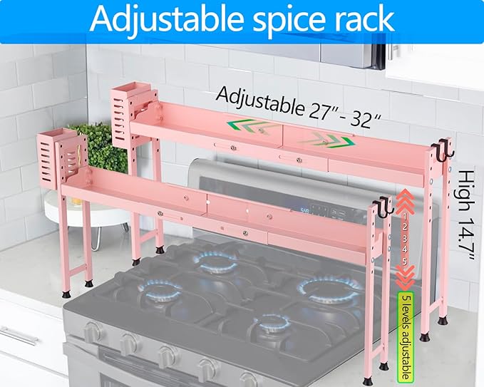 Over Stove Shelf Stove Top Organizer Shelf for Kitchen with Extra Basket and Hooks Adjustable 27 to 32 Inches Pink Over the Sink Spice Rack for Countertop (Pink)