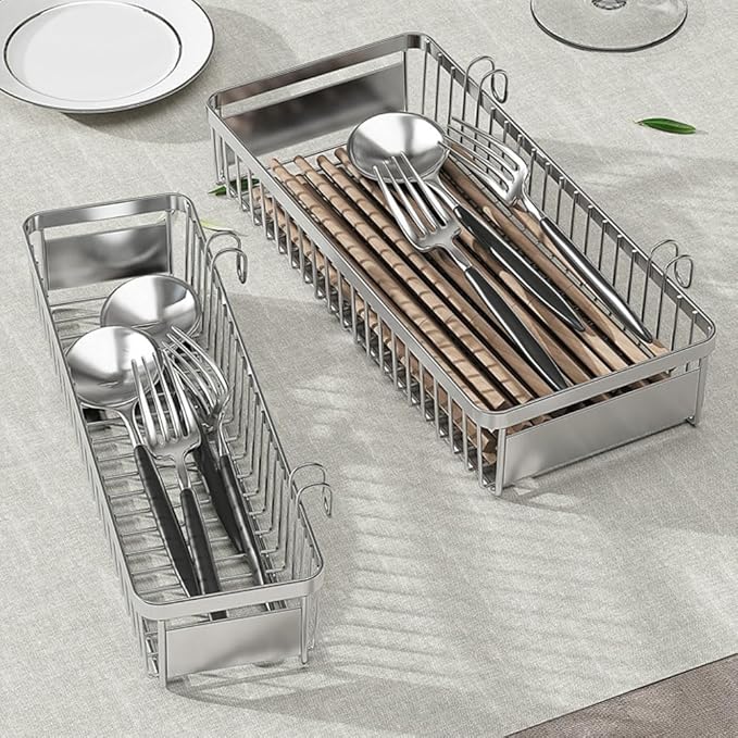 Sturdy 304 Stainless Steel Flatware Organizers with Hooks, 2 Pcs Drawer Silverware Organizer for Chopsticks/Spoon/Fork/Knife, Large and Small