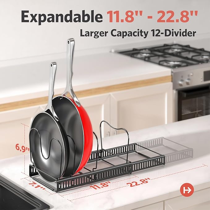 ORDORA Pots and Pans Organizer under Cabinet with Pan Holder: Expandable 11.8"-22.8" Kitchen Cabinet Organizer Rack, 12 Adjustable Dividers Storage for Cookie Sheets, Cutting Boards & Heavy Cookware