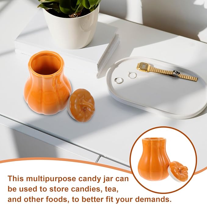 UPKOCH Ceramic Tea Canister, Pumpkin Shape Candy Jar, Loose Tea Jar Coffee Sugar Storage Pot, Food/Seasoning Container for Home Fall Decor (Small)