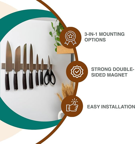 Silver Magnetic Knife Holder 16 Inch Strong Adhesive, Magnetic Strip for Fridge or Wall, No Drill Stainless Steel Knife Rack Organizer